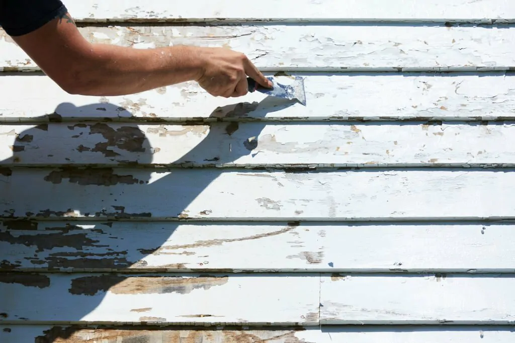 Man Scraping Paint On Exterior of Old Home Vinyl And Aluminum